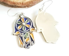 Load image into Gallery viewer, Moroccan Hand of Fatima Hamsa blue Enamel Earrings sterling silver 925,Hand of Fatima Jewelry,sliver Earrings,Dangle &amp; Drop Earrings,
