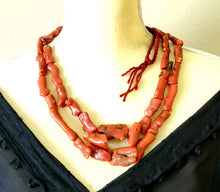 Load image into Gallery viewer, Antique Berber Natural Branch tow strand Red Coral Beads Morocco 225 gr,Hand Crafted ,Red Coral Necklace,Ethnic Coral ,Tribal Jewelry
