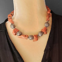 Load image into Gallery viewer, Antique Silver Bawsani filigree coral beads Necklace form Yemen tribal jewelry
