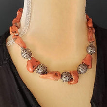 Load image into Gallery viewer, Antique Silver Bawsani filigree coral beads Necklace form Yemen tribal jewelry
